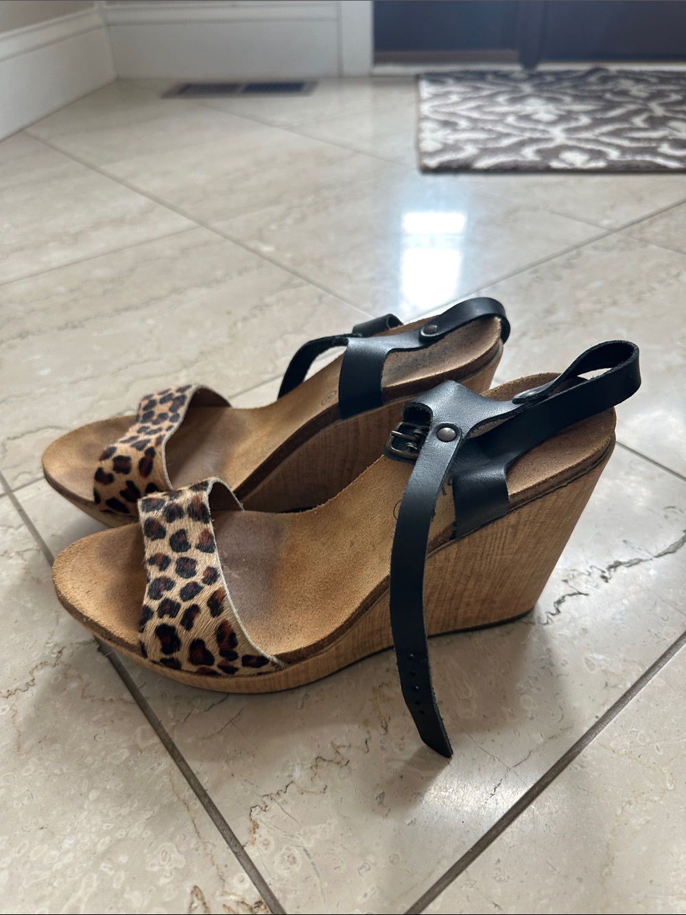 Leopard Print Wedge Sandals with Black Ankle Straps